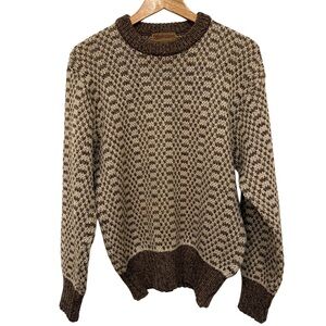 Vintage Scottish Wool Tan and Brown Patterned Crewneck Grandpa Sweater